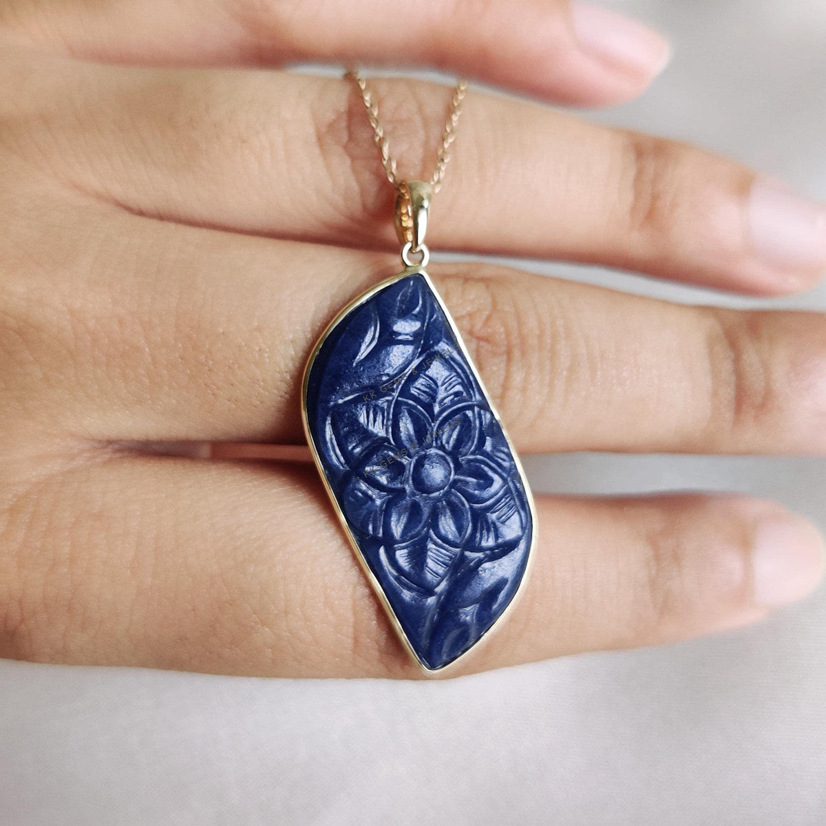 Carved Natural Blue Sapphire Pendant, 14K Solid Yellow Gold, September Birthstone