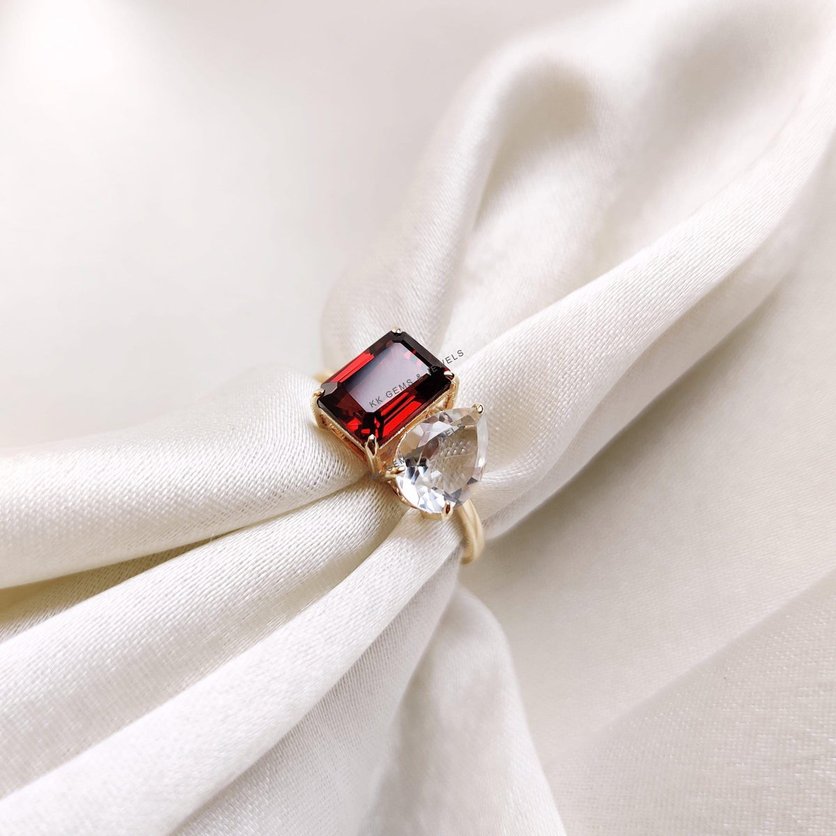 Natural Garnet & White Topaz Ring, Toi et Moi Ring, 14K Solid Yellow Gold, Emerald Pear Cut