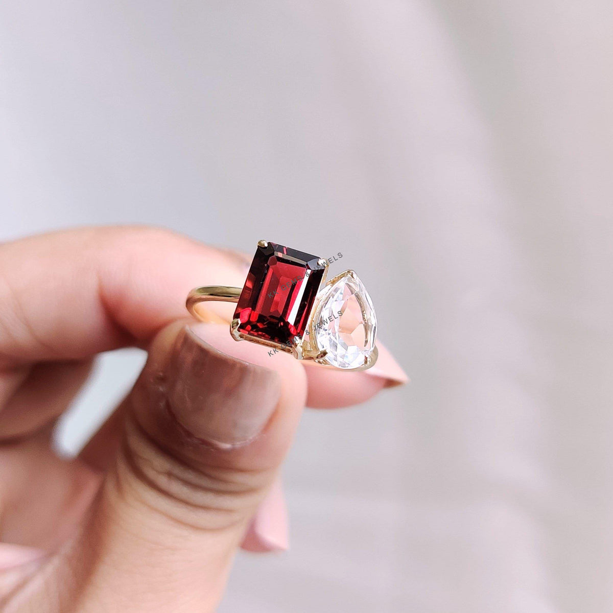 Natural Garnet & White Topaz Ring, Toi et Moi Ring, 14K Solid Yellow Gold, Emerald Pear Cut