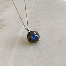 14K Solid Gold Natural Labradorite Pendant: Round Cabochon Bezel Setting