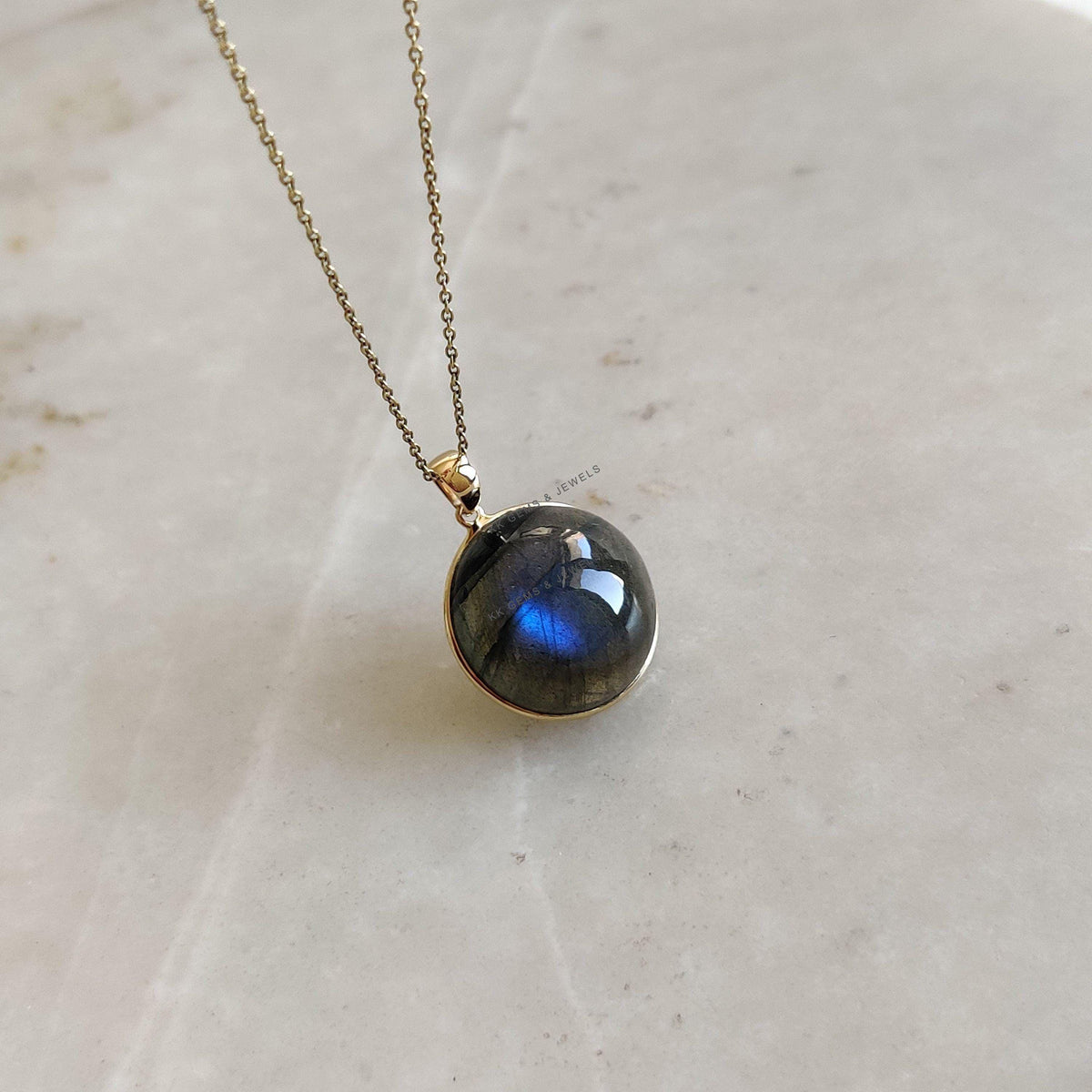 14K Solid Gold Natural Labradorite Pendant: Round Cabochon Bezel Setting