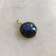 14K Solid Gold Natural Labradorite Pendant: Round Cabochon Bezel Setting