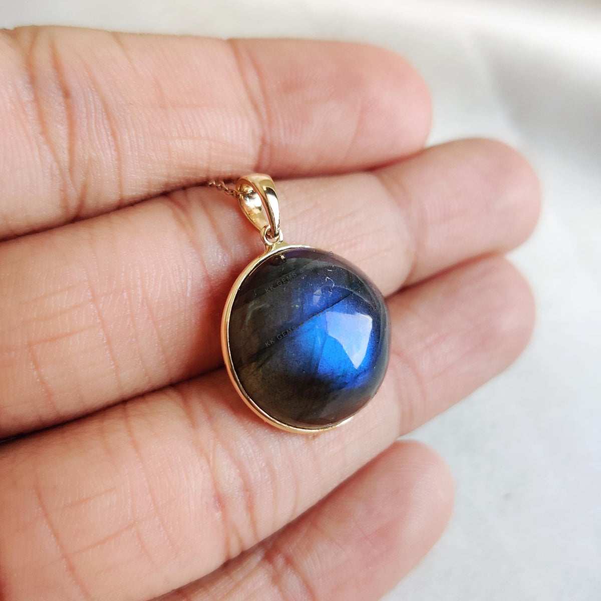 14K Solid Gold Natural Labradorite Pendant: Round Cabochon Bezel Setting