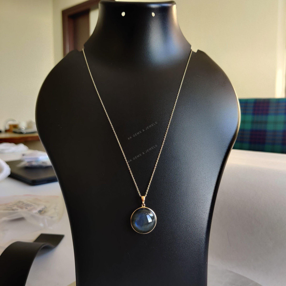 14K Solid Gold Natural Labradorite Pendant: Round Cabochon Bezel Setting
