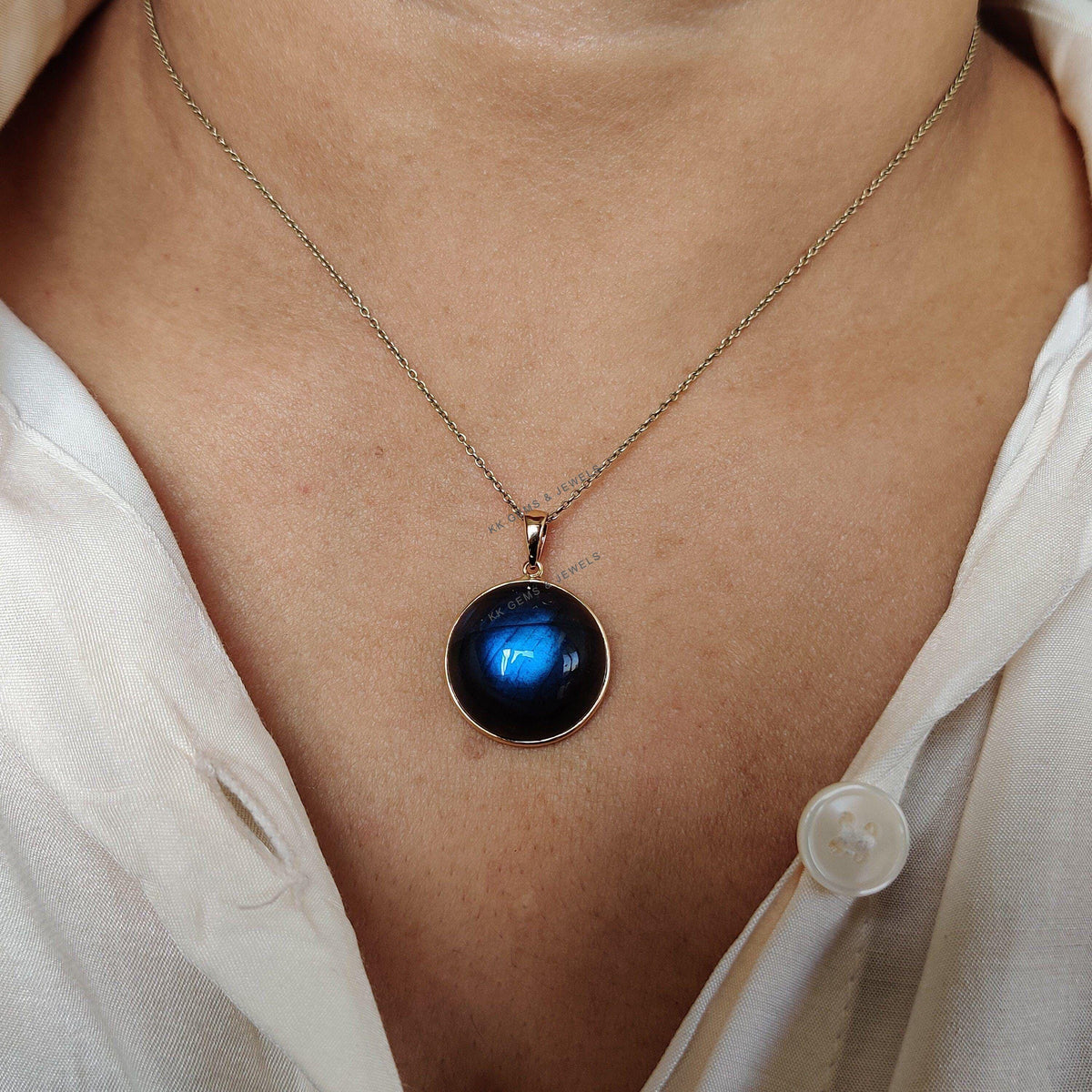 14K Solid Gold Natural Labradorite Pendant: Round Cabochon Bezel Setting