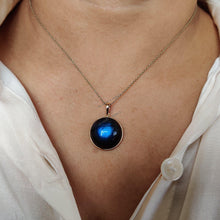 14K Solid Gold Natural Labradorite Pendant: Round Cabochon Bezel Setting