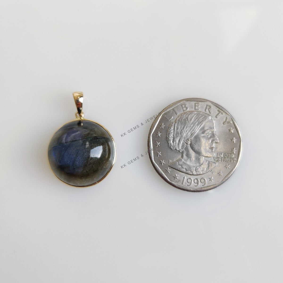 14K Solid Gold Natural Labradorite Pendant: Round Cabochon Bezel Setting
