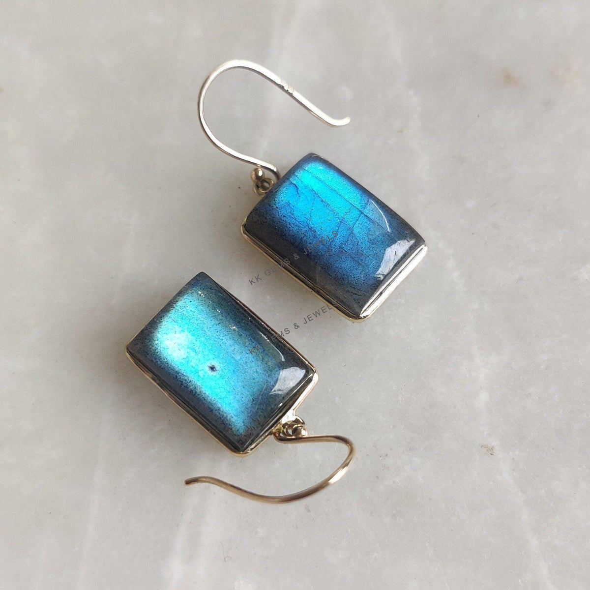 14K Solid Yellow Gold Natural Labradorite Earrings, August Birthstone Jewelry