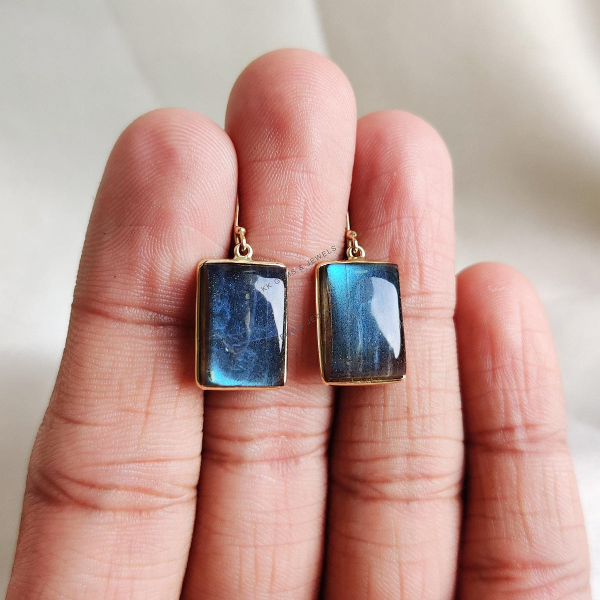 14K Solid Yellow Gold Natural Labradorite Earrings, August Birthstone Jewelry