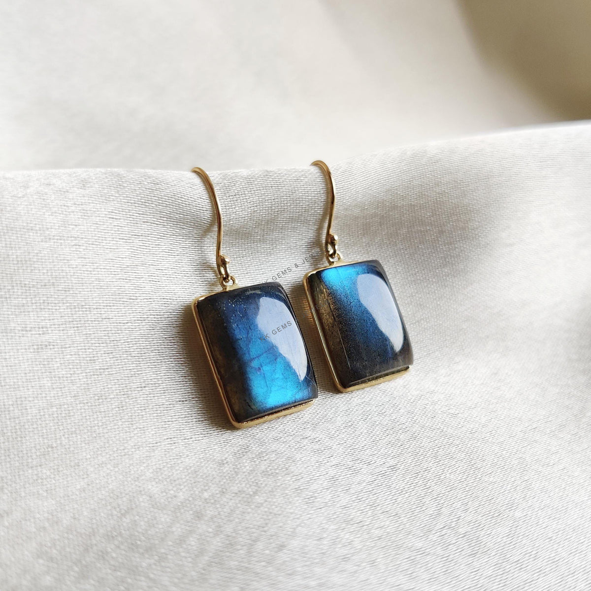 14K Solid Yellow Gold Natural Labradorite Earrings, August Birthstone Jewelry