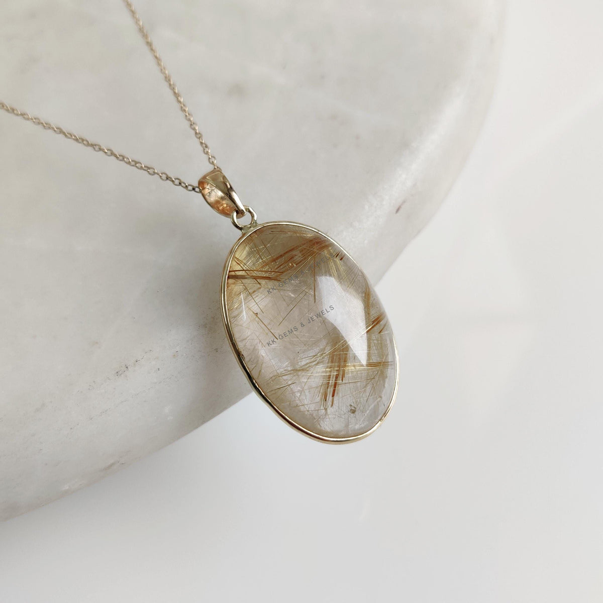 14K Solid Yellow Gold Natural Golden Rutile Pendant Necklace: April Birthstone