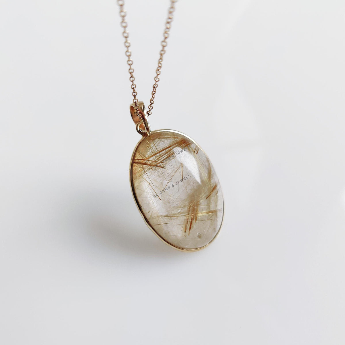14K Solid Yellow Gold Natural Golden Rutile Pendant Necklace: April Birthstone
