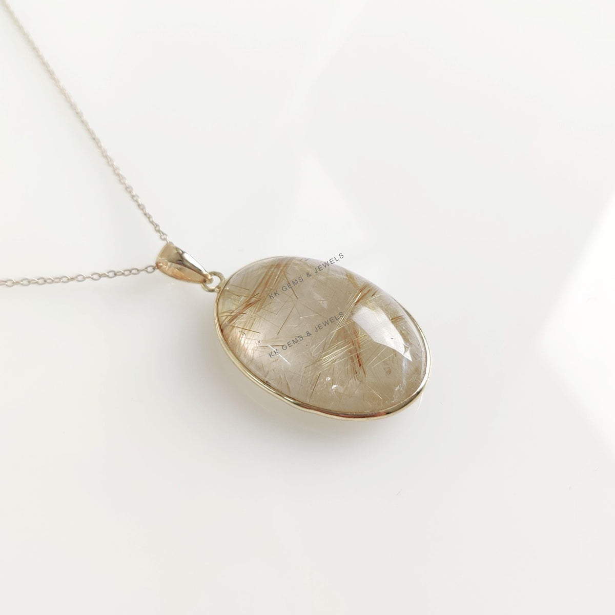 14K Solid Yellow Gold Natural Golden Rutile Pendant Necklace: April Birthstone