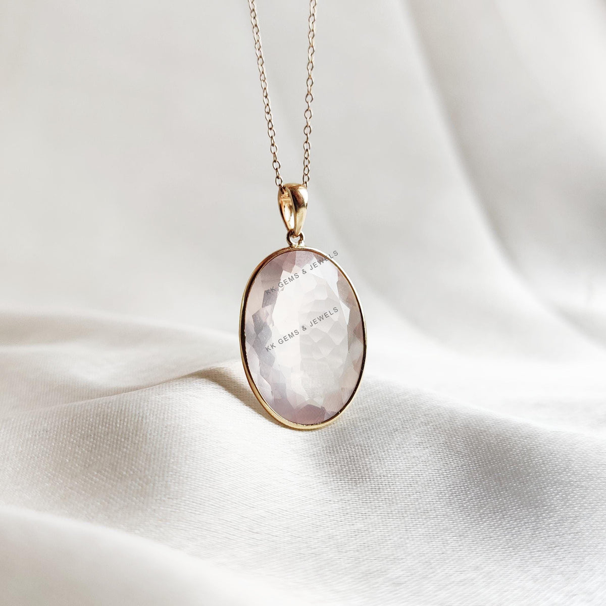 14K Solid Yellow Gold Natural Rose Quartz Bezel Pendant, January Birthstone