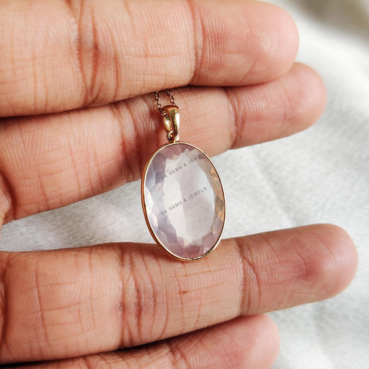 14K Solid Yellow Gold Natural Rose Quartz Bezel Pendant, January Birthstone