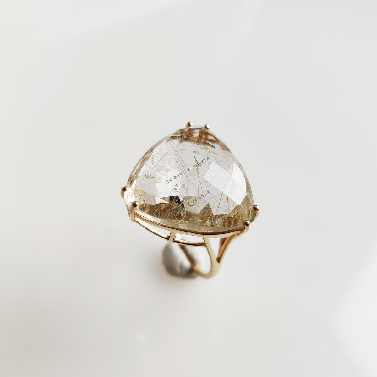 14K Solid Yellow Gold Trillion Natural Golden Rutile Ring: April Birthstone, Prong Ring