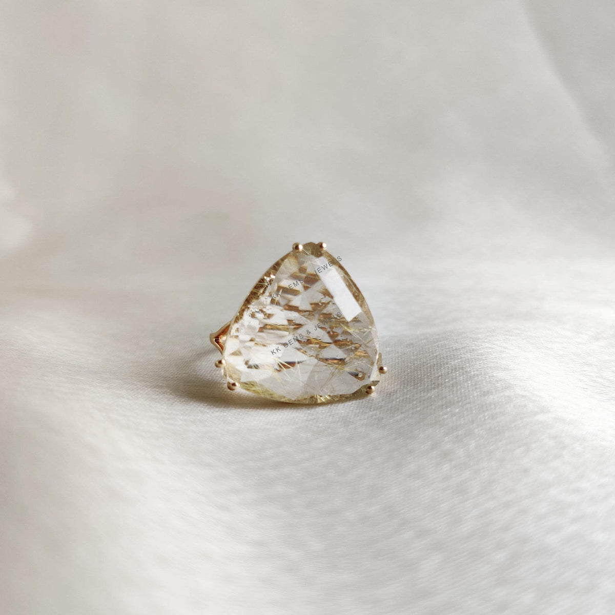 14K Solid Yellow Gold Trillion Natural Golden Rutile Ring: April Birthstone, Prong Ring