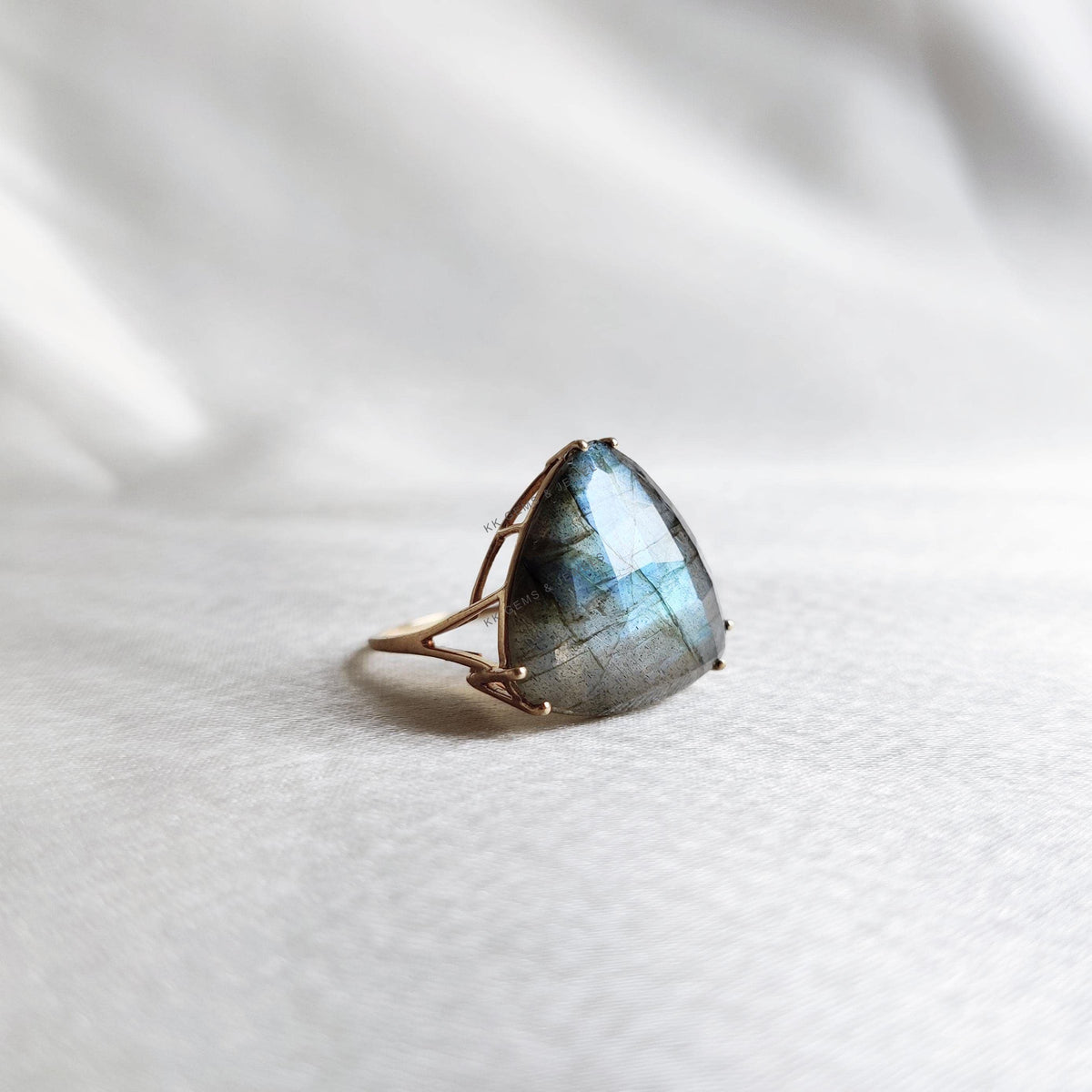 Natural Labradorite Ring, 14K Solid Yellow Gold Trillion Prong Statement Ring