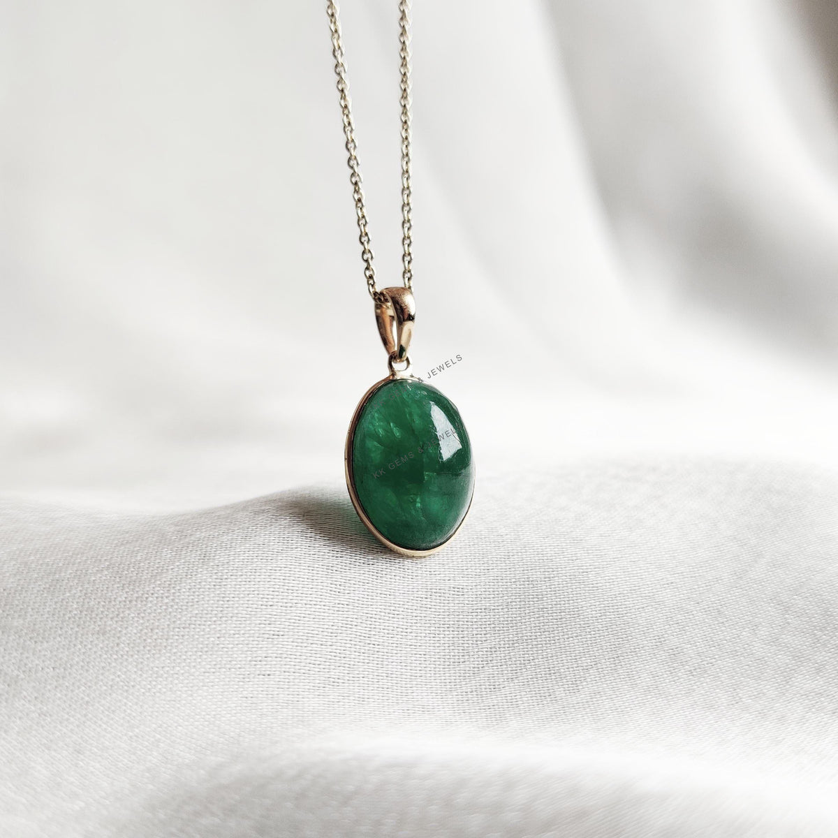 Natural Emerald Pendant, 14K Solid Yellow Gold Oval Cabochon, May Birthstone