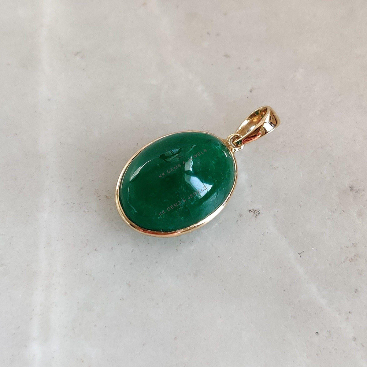 Natural Emerald Pendant, 14K Solid Yellow Gold Oval Cabochon, May Birthstone