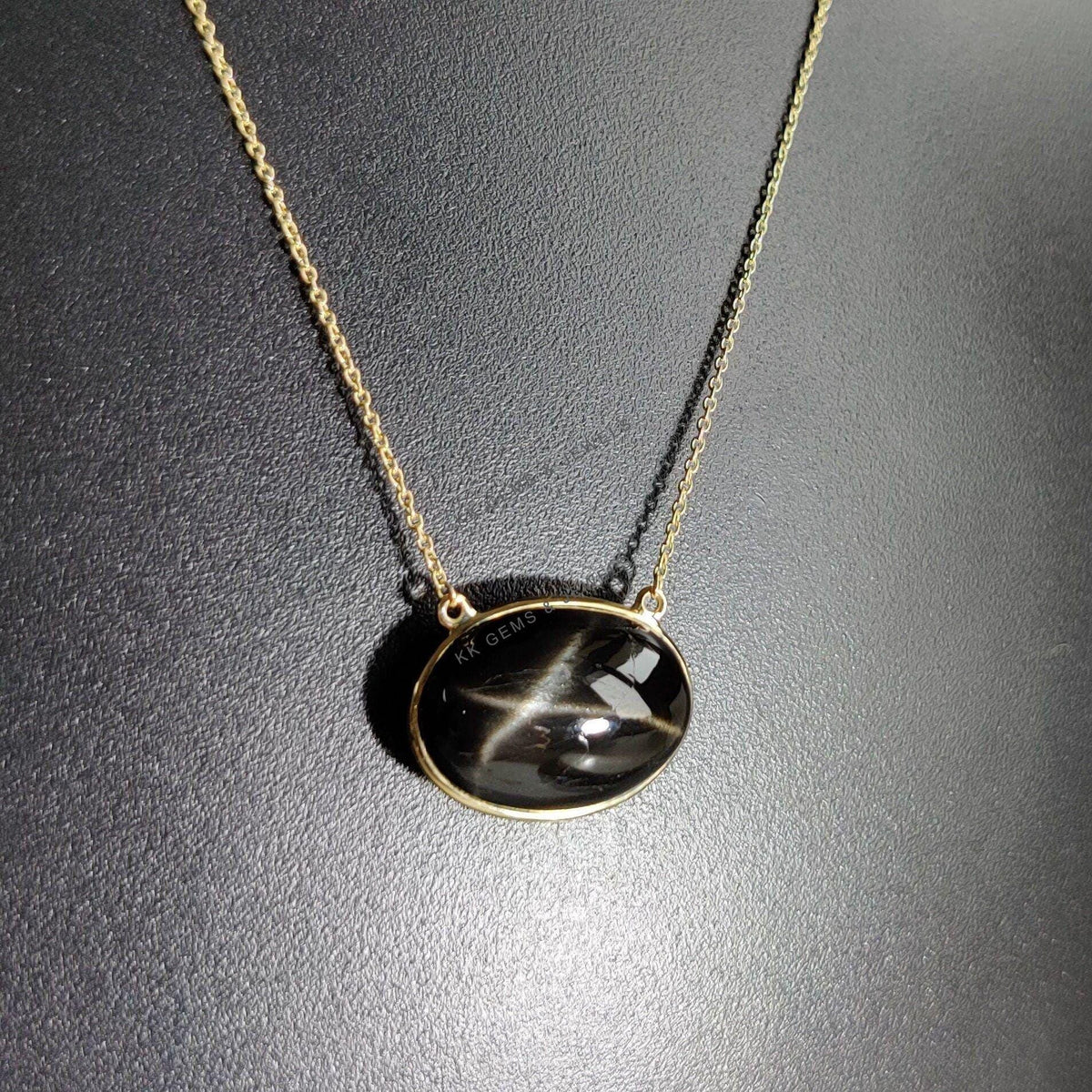 14K Solid Yellow Gold Natural Black Star Diopside Pendant Necklace, March Birthstone