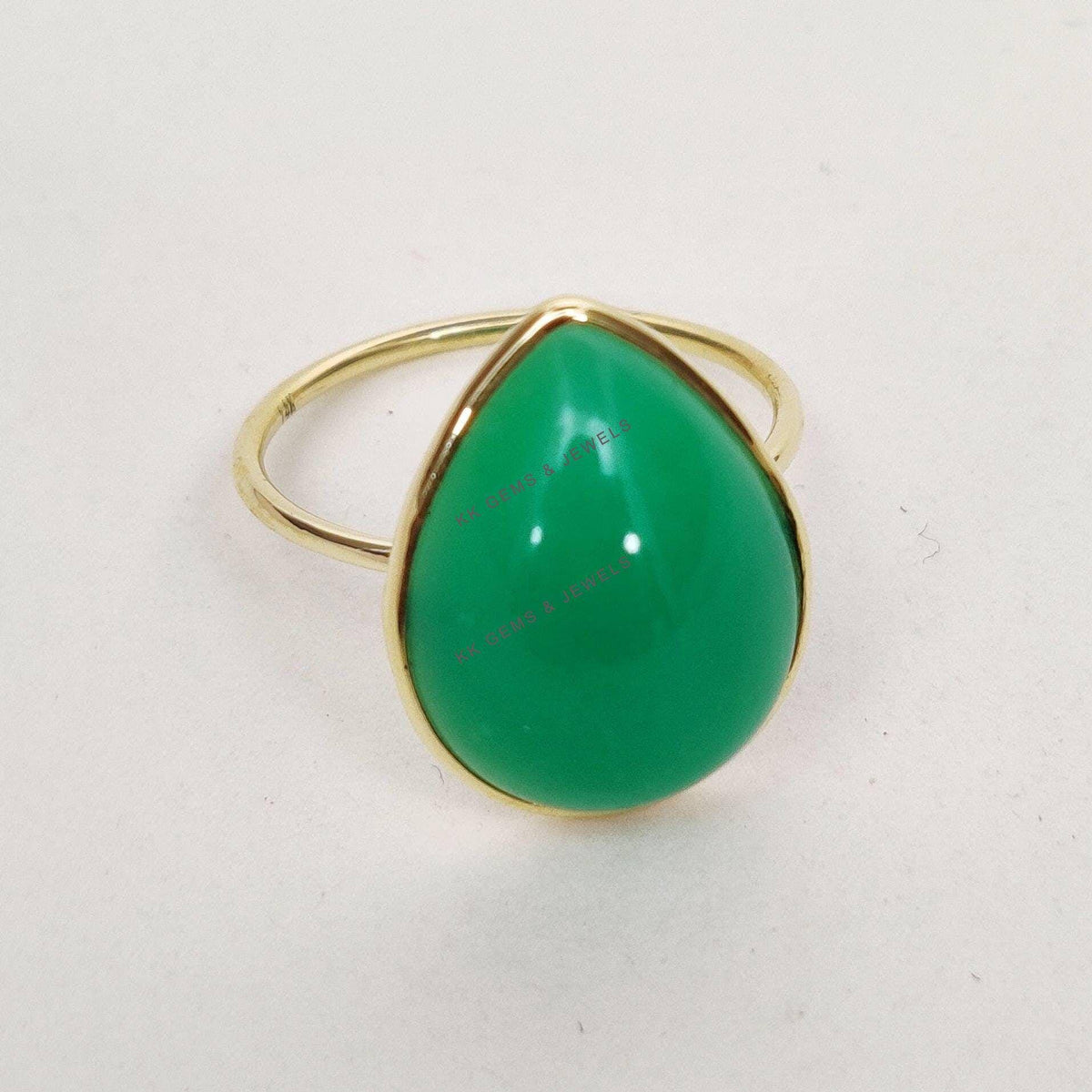 14K Solid Yellow Gold Pear Natural Chrysoprase Ring, May Birthstone