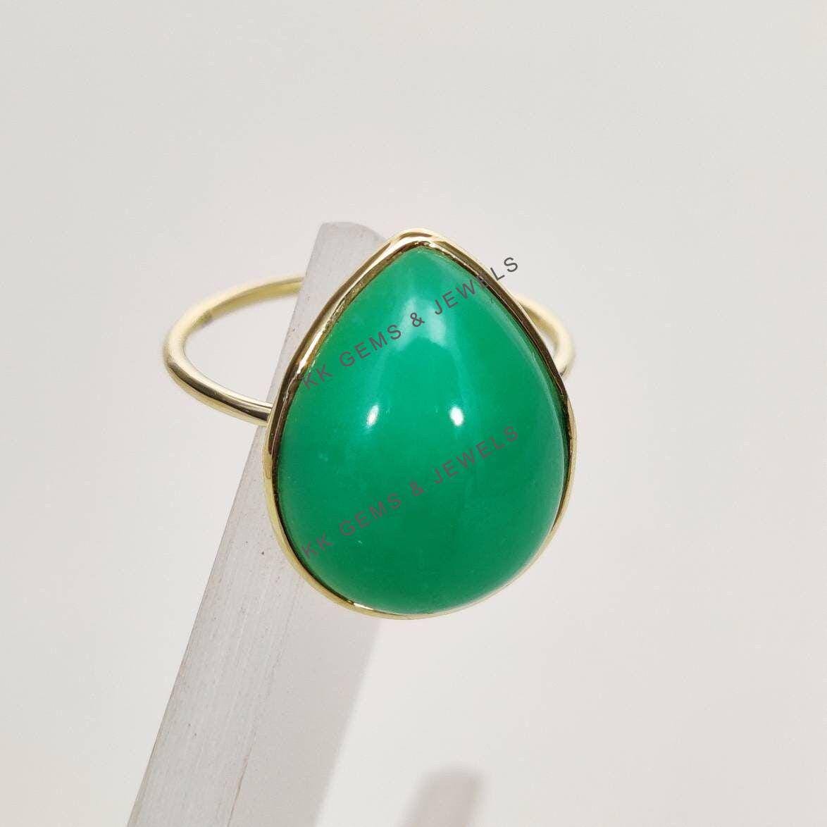 14K Solid Yellow Gold Pear Natural Chrysoprase Ring, May Birthstone