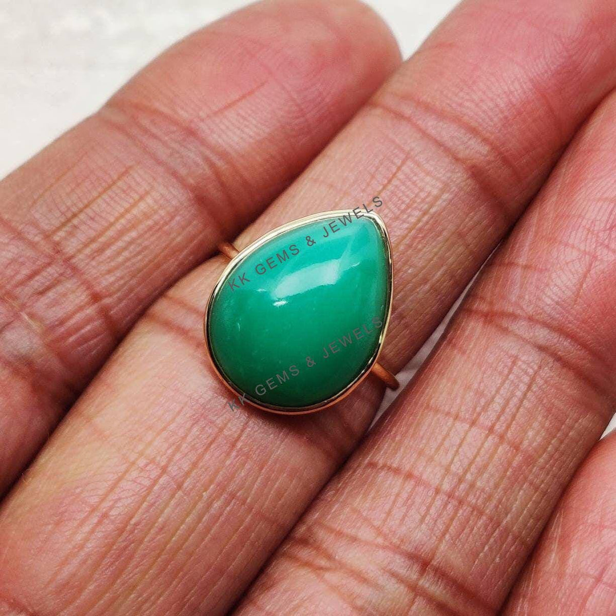 14K Solid Yellow Gold Pear Natural Chrysoprase Ring, May Birthstone