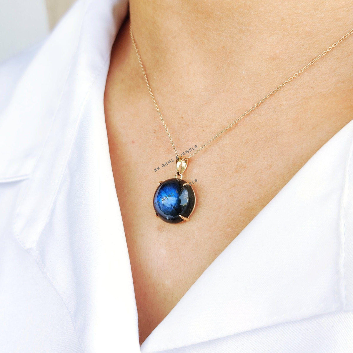 Natural Blue Labradorite Pendant: 14K Solid Yellow Gold, November Birthstone