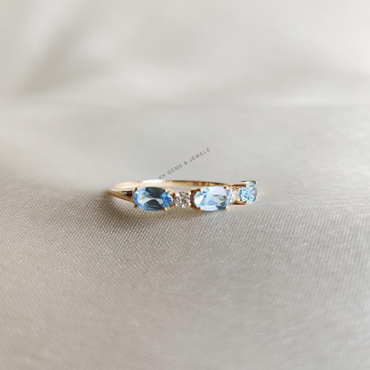 Natural Sky Blue Topaz & Diamond Ring, 14K Solid Yellow Gold, December Birthstone