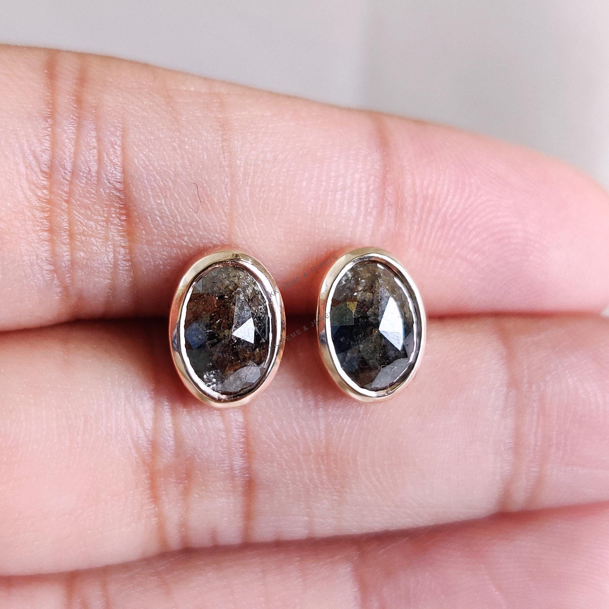 14K Solid Rose Gold Natural Salt & Pepper Diamond Earrings: Unique Oval Gemstone