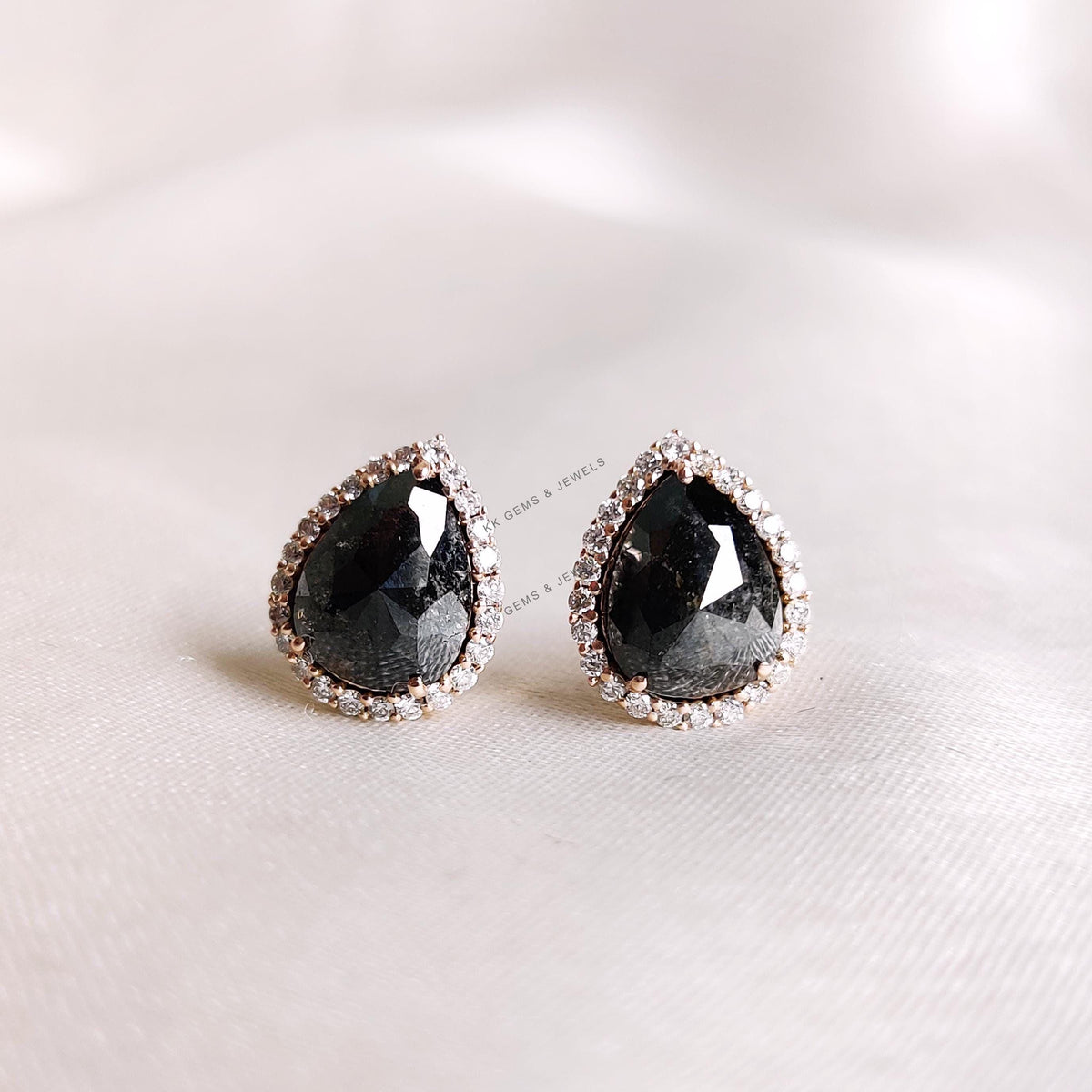 Natural Salt & Pepper Diamond 14K Solid Rose Gold Earrings: Pear Cut Gemstone