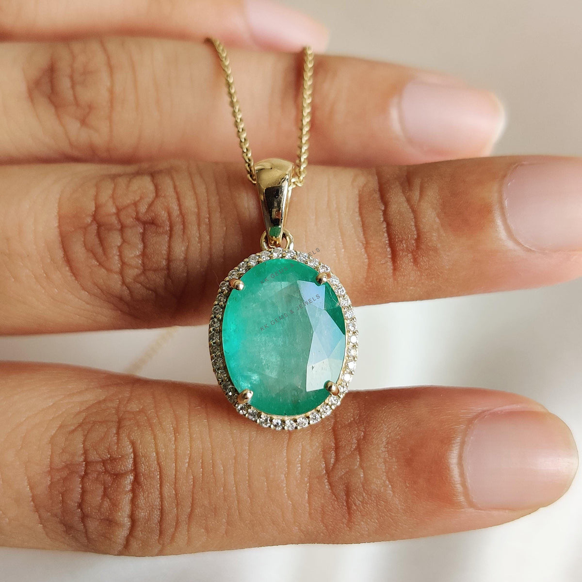 Natural Emerald & Diamond 14K Solid Yellow Gold Pendant: May Birthstone Jewelry