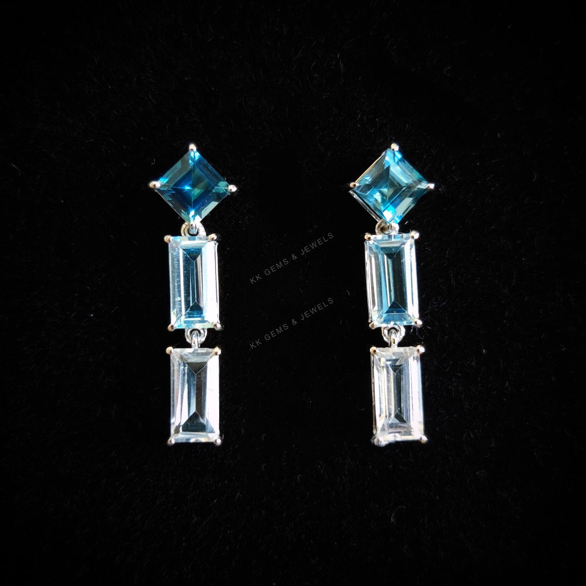14K Solid Gold Natural Blue Topaz & White Topaz Dangle Earrings, December Birthstone