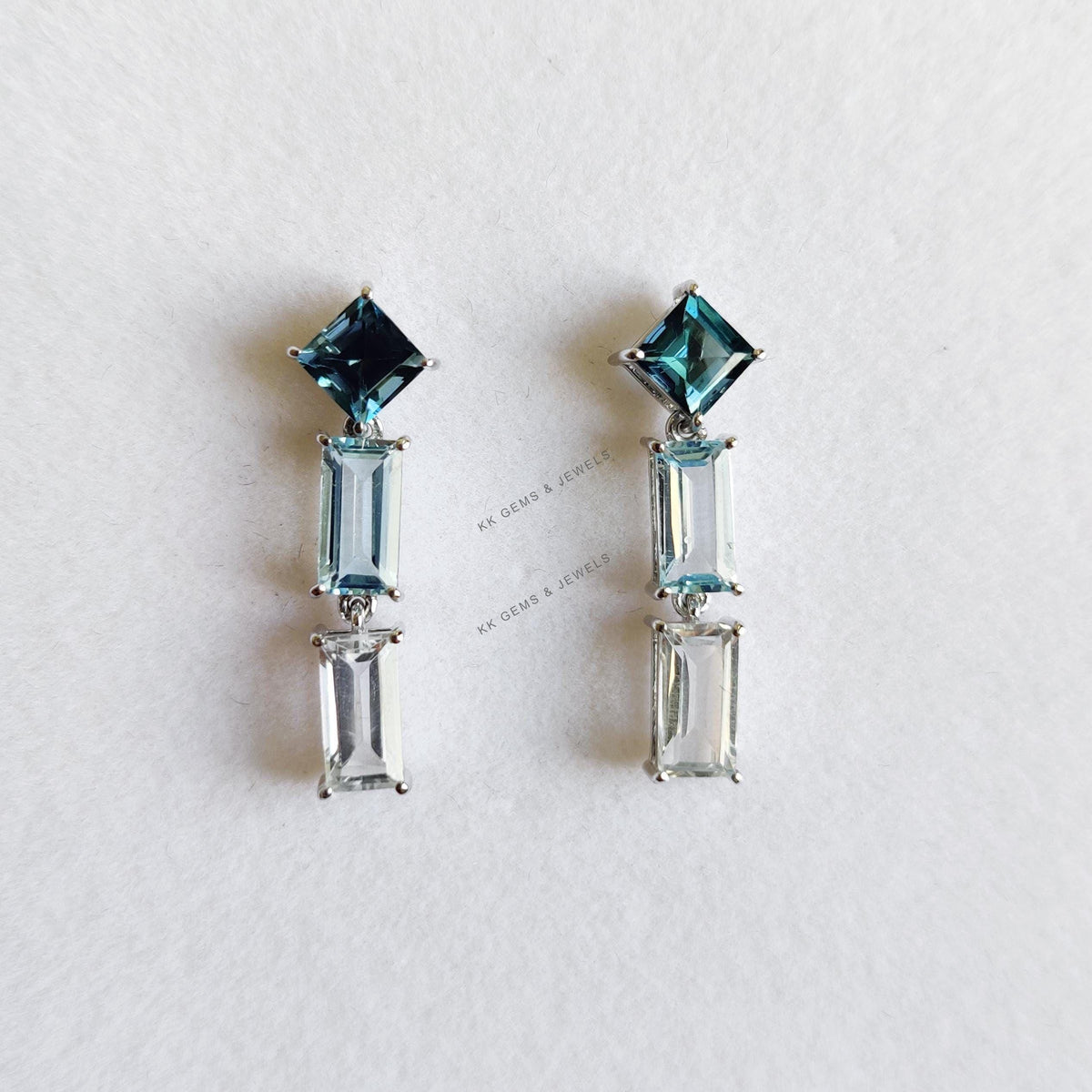 14K Solid Gold Natural Blue Topaz & White Topaz Dangle Earrings, December Birthstone