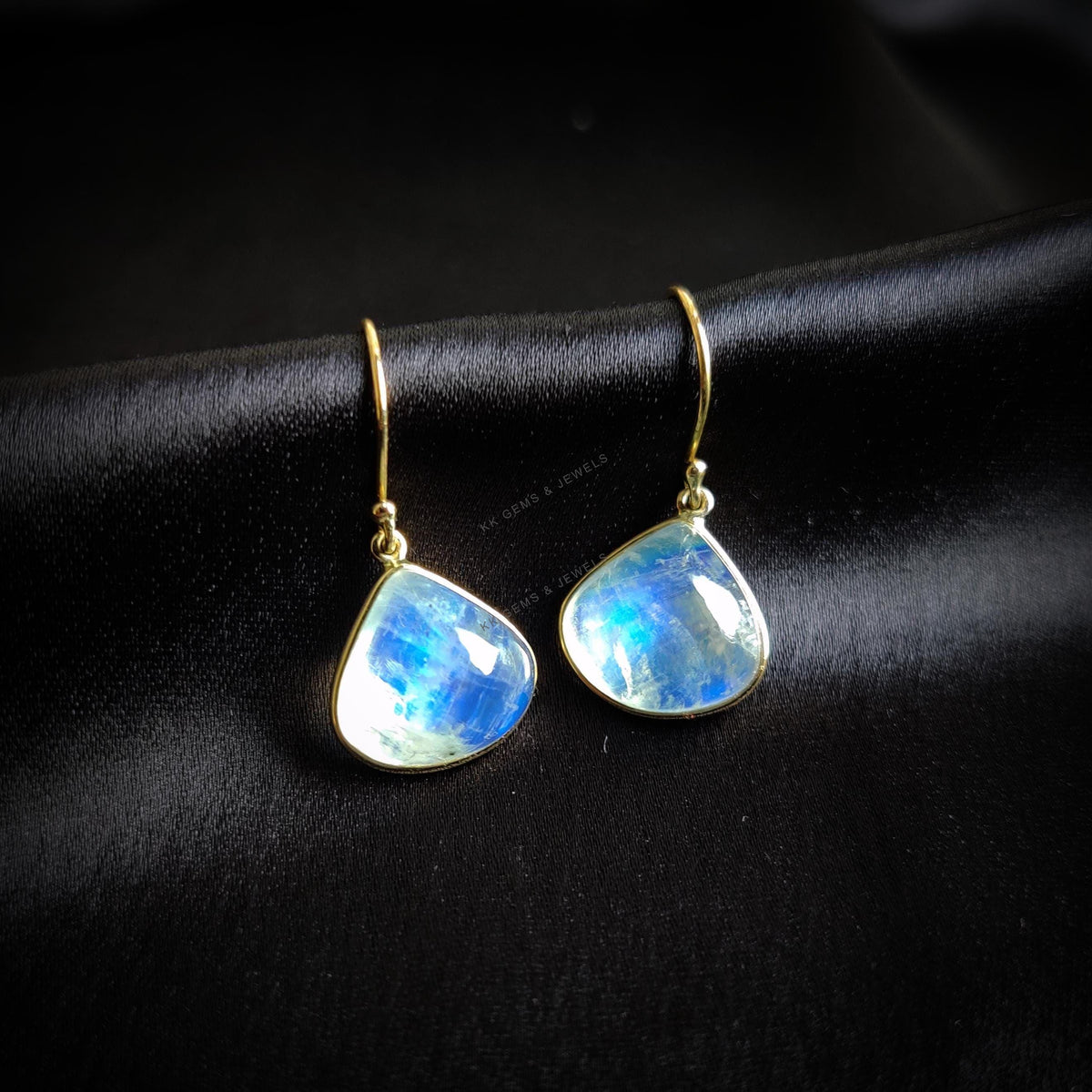 14K Solid Gold Natural Rainbow Moonstone Earrings, June Birthstone Jewelry