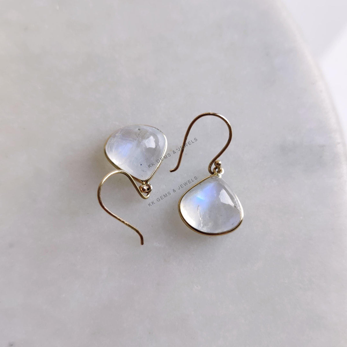 14K Solid Gold Natural Rainbow Moonstone Earrings, June Birthstone Jewelry