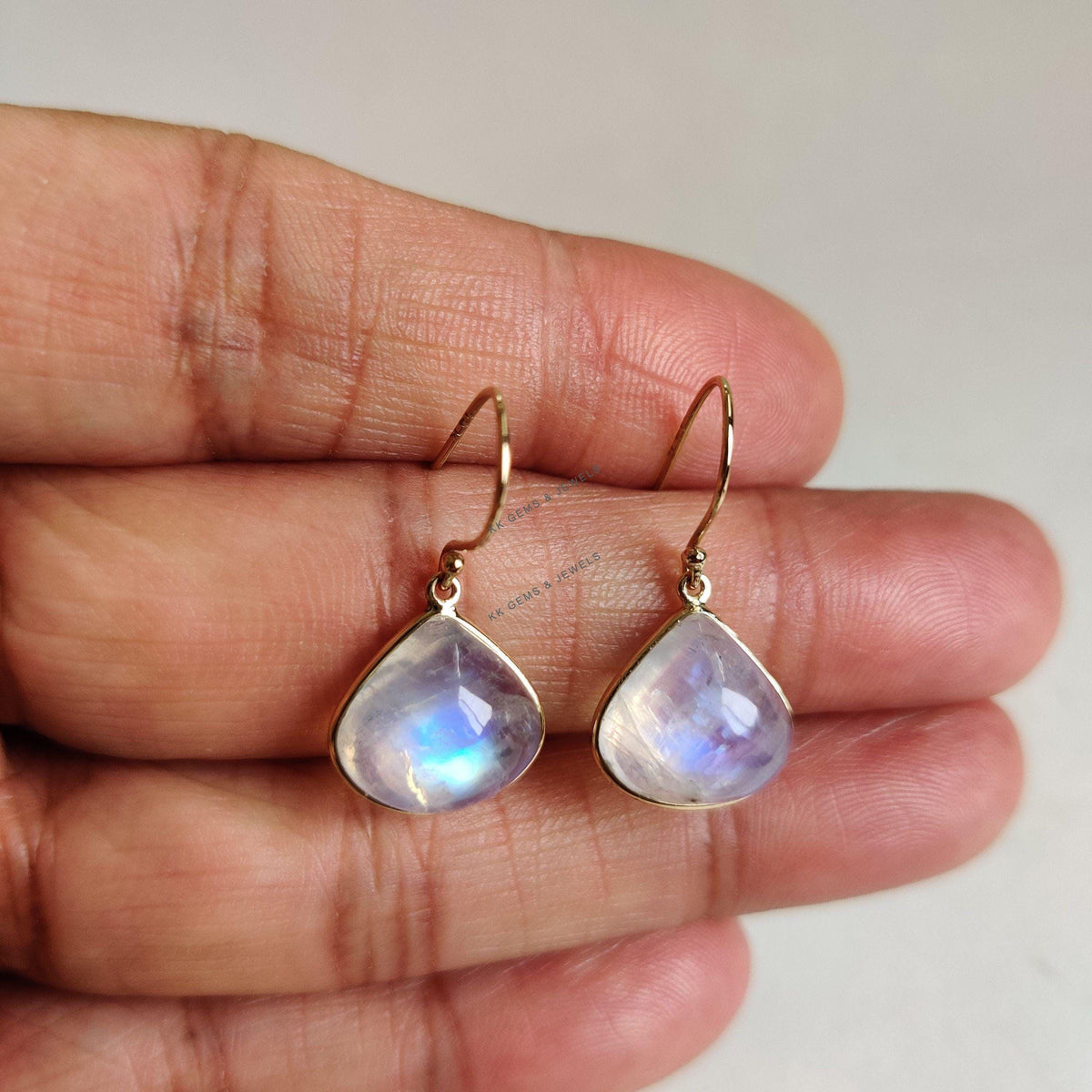 14K Solid Gold Natural Rainbow Moonstone Earrings, June Birthstone Jewelry