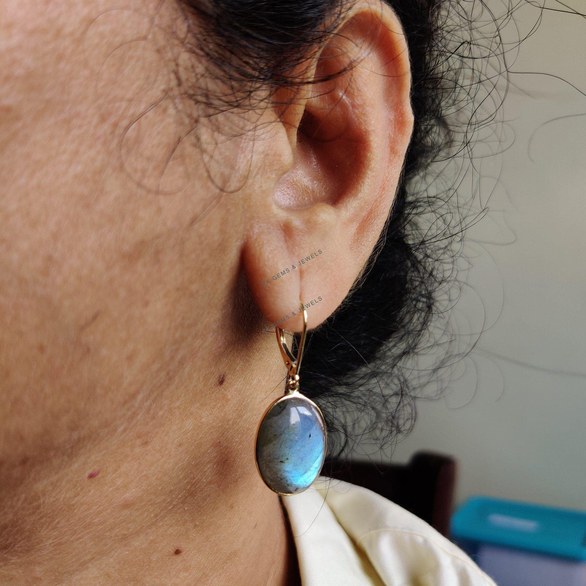 14K Solid Gold Natural Labradorite Drop Earrings, August Birthstone