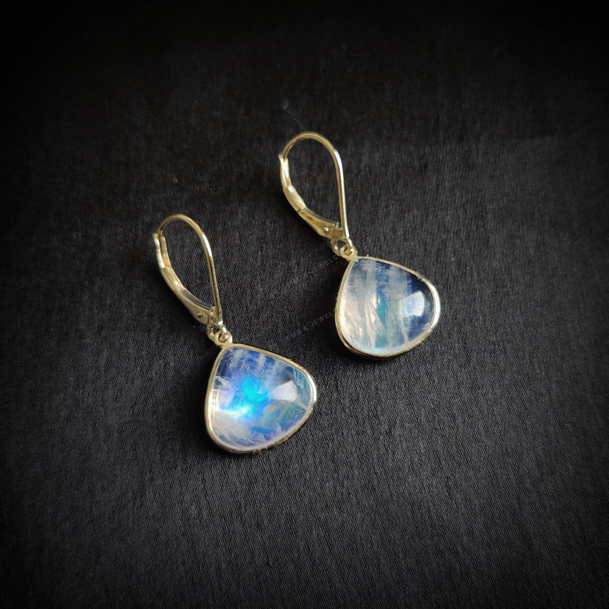 14K Solid Yellow Gold Natural Rainbow Moonstone Trillion Earrings, June Birthstone
