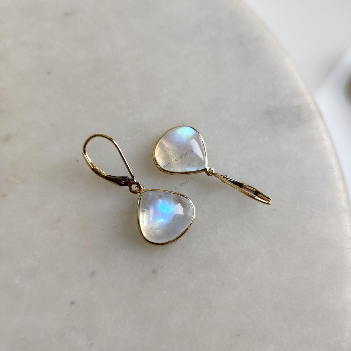 14K Solid Yellow Gold Natural Rainbow Moonstone Trillion Earrings, June Birthstone