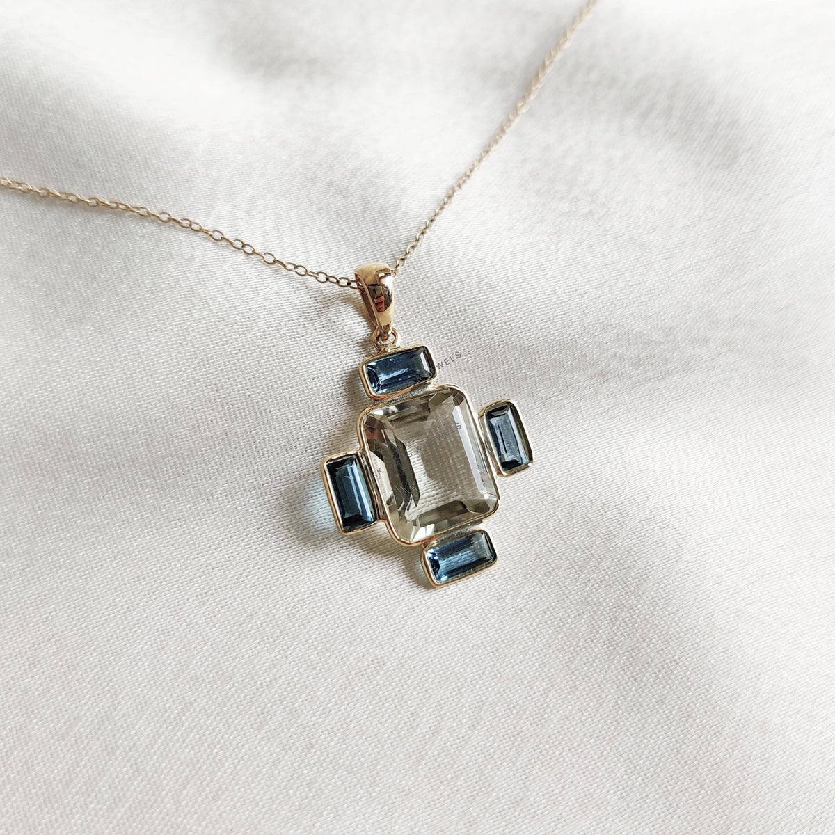 14K Solid Gold Natural Green Amethyst & London Blue Topaz Pendant, February Birthstone
