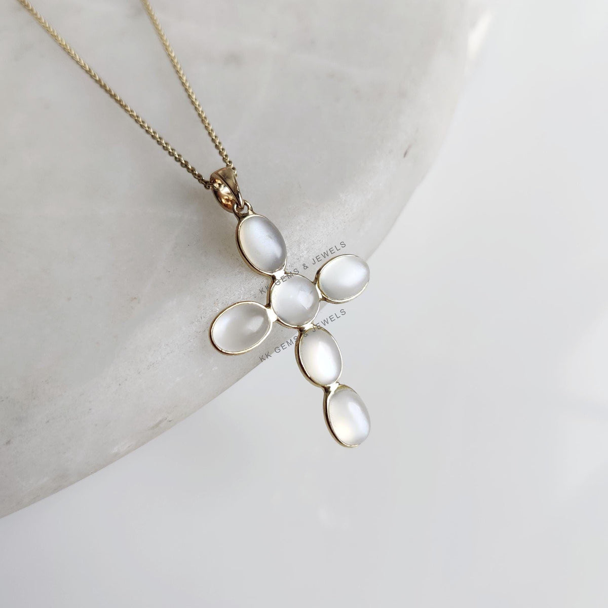 14K Solid Yellow Gold Natural White Moonstone Cross Pendant, June Birthstone