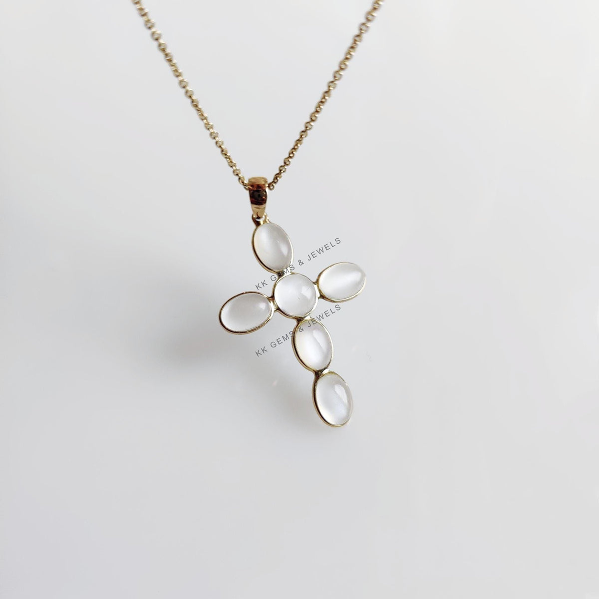 14K Solid Yellow Gold Natural White Moonstone Cross Pendant, June Birthstone