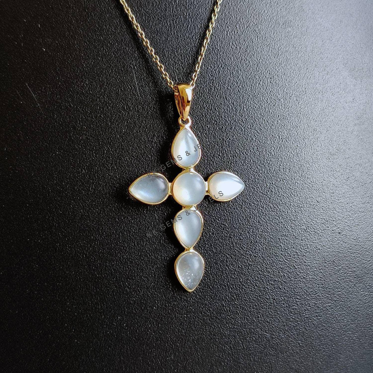 14K Solid Yellow Gold Natural White Moonstone Cross Pendant, June Birthstone