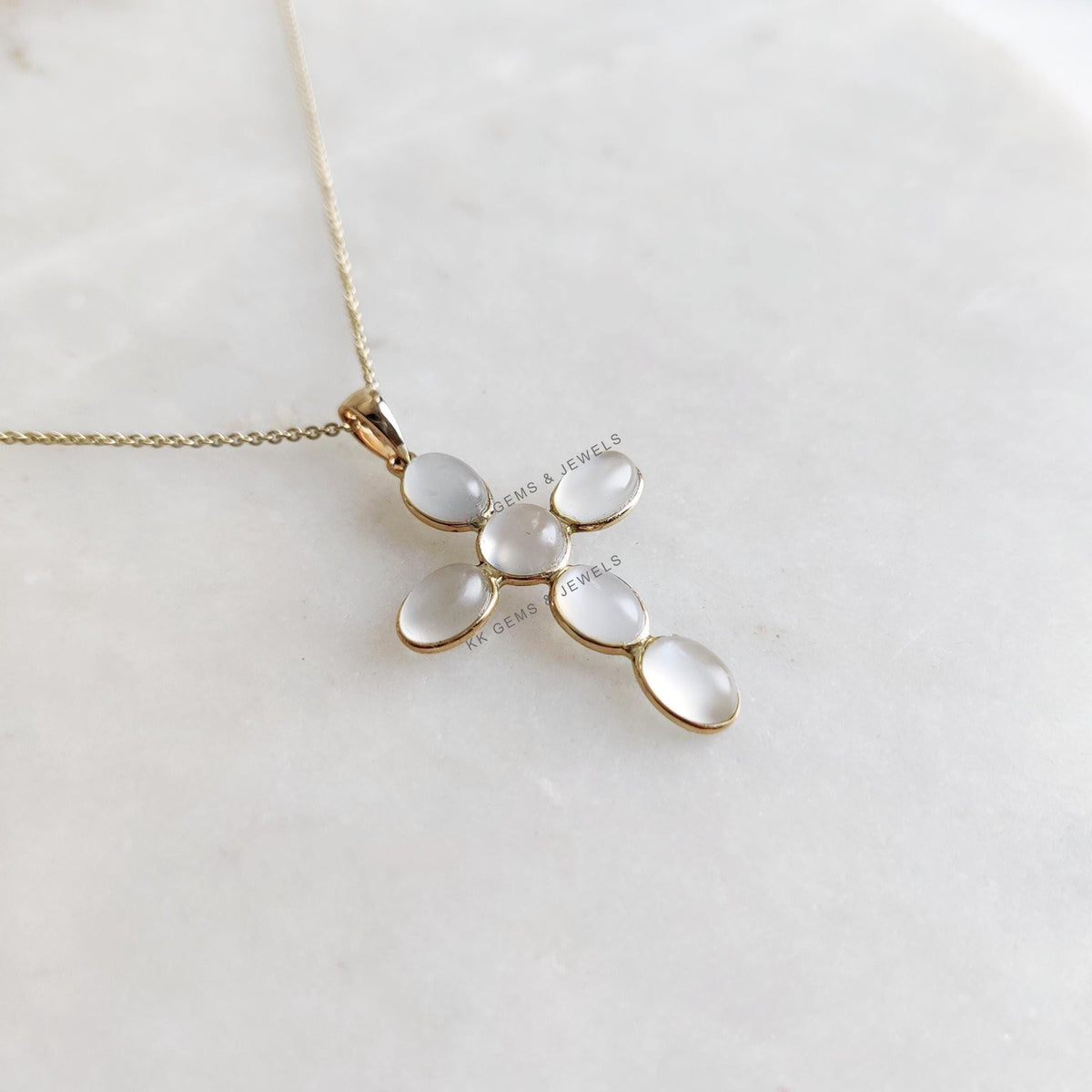 14K Solid Yellow Gold Natural White Moonstone Cross Pendant, June Birthstone