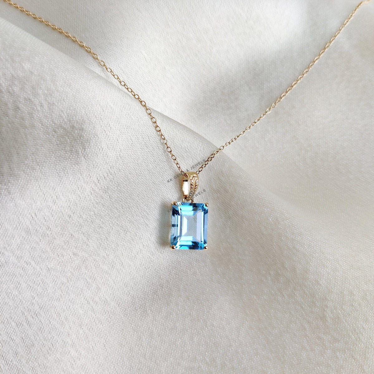 Natural Swiss Blue Topaz Pendant, 14K Solid Yellow Gold, December Birthstone