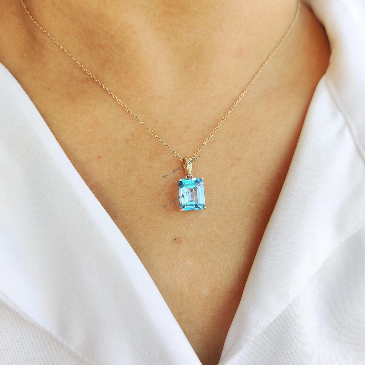 Natural Swiss Blue Topaz Pendant, 14K Solid Yellow Gold, December Birthstone