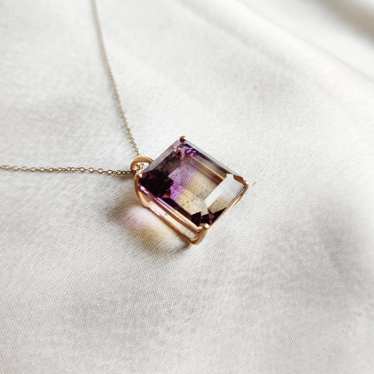 14K Solid Gold Natural Ametrine Pendant, Rectangle Gemstone, Birthstone Jewelry