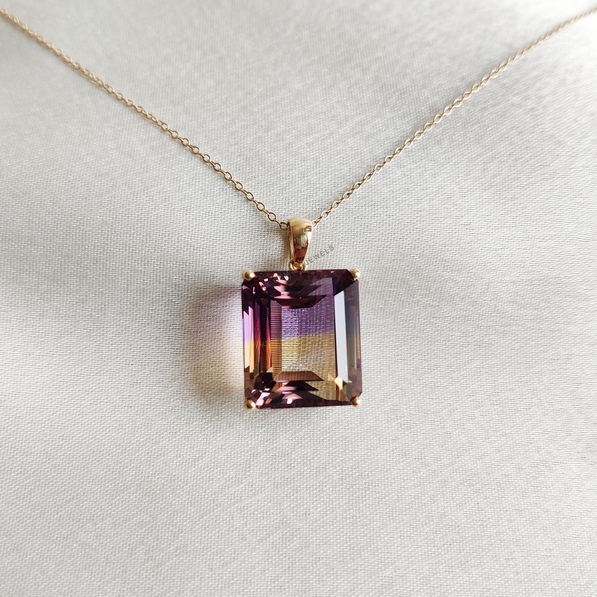 14K Solid Gold Natural Ametrine Pendant, Rectangle Gemstone, Birthstone Jewelry
